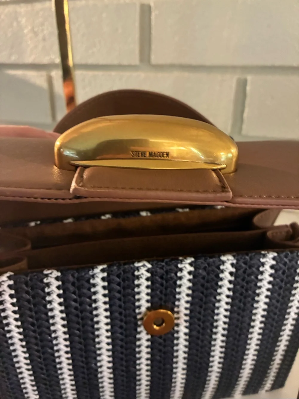 Steve Madden Brown and Navy Woven Style Top-Handle Satchel Crossbody with Tassel - Picture 12 of 16